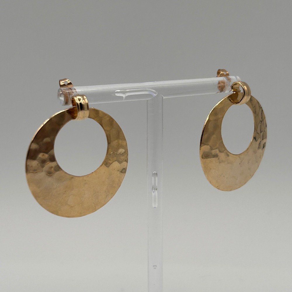 Hammered Gold Tone Statement Dangle Drop Pierced Earrings Circular Disc 1.25"